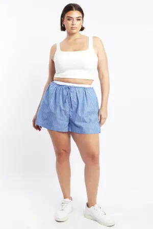 Blue Stripe Contrast Waistband Pocket Cotton Shorts lightweight pants RollUp Sleeves