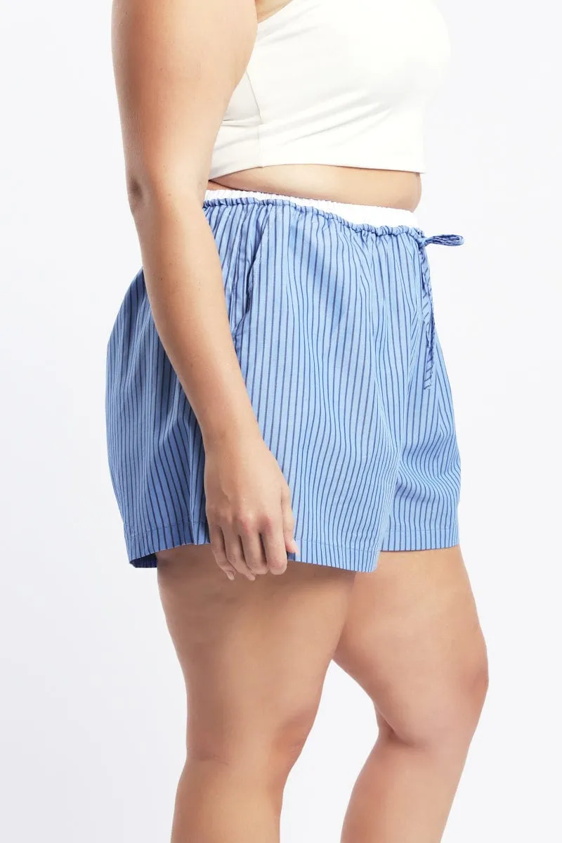 Practical Style Blue Stripe Contrast Waistband Pocket Cotton Shorts