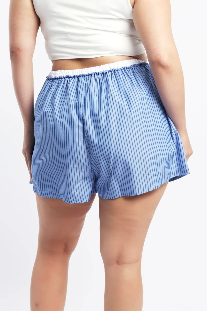 Daily Use Clear Glow Blue Stripe Contrast Waistband Pocket Cotton Shorts