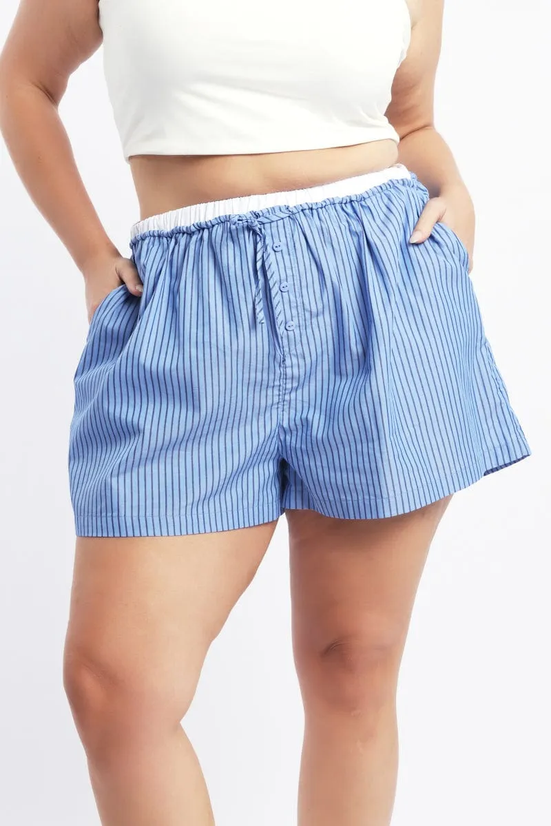 HighVisibility Blue Stripe Contrast Waistband Pocket Cotton Shorts