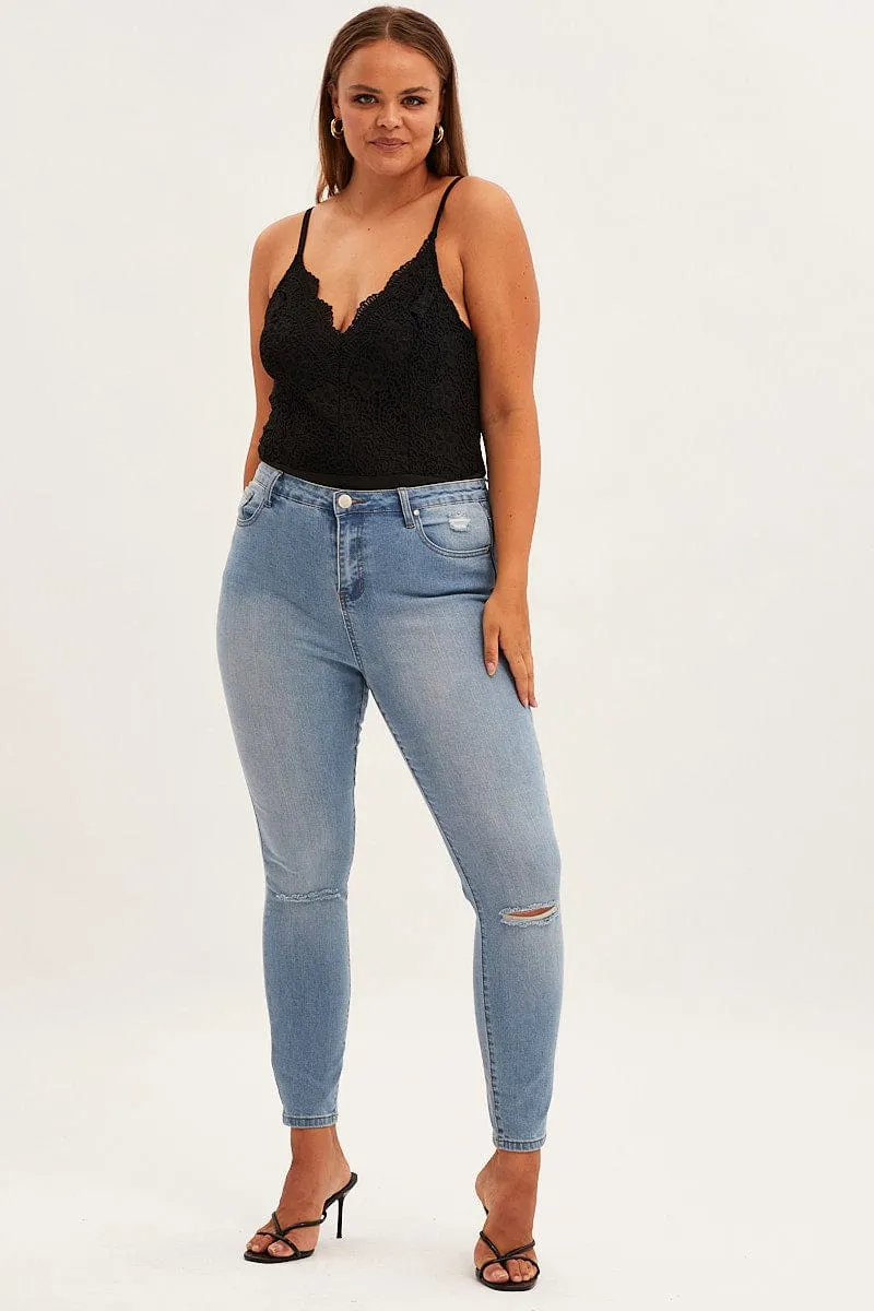 Black Bodysuit V Scalloped Neck Strappy Lace WrinkleFree Fabric
