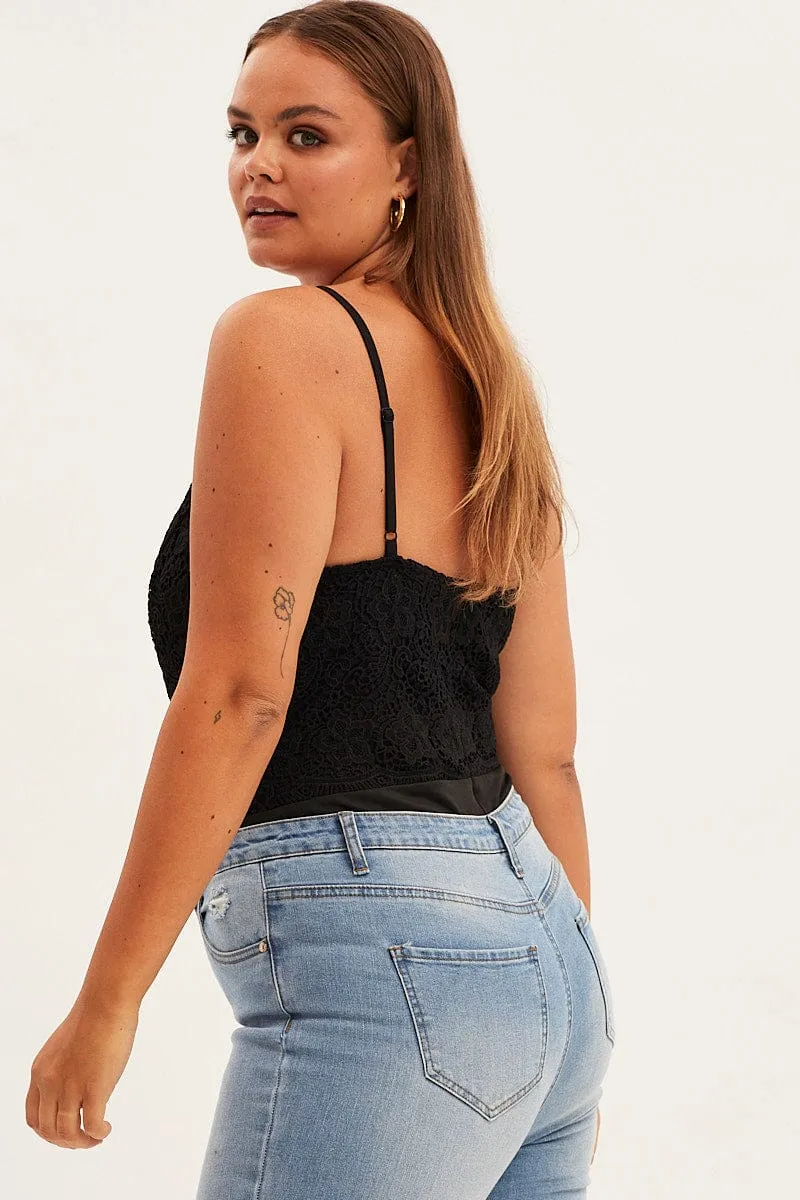 Black Bodysuit V Scalloped Neck Strappy Lace AntiSnagTechnology Relax Mode