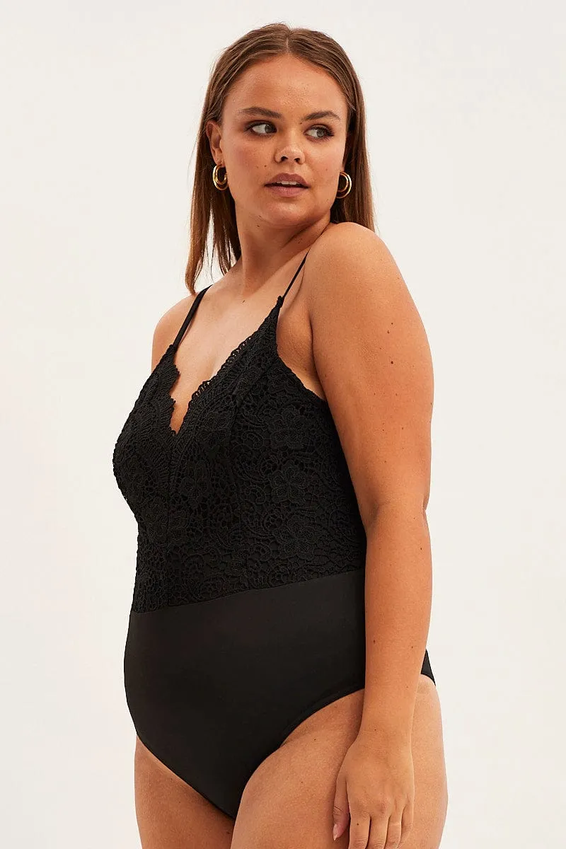 Black Bodysuit V Scalloped Neck Strappy Lace Casual Chic