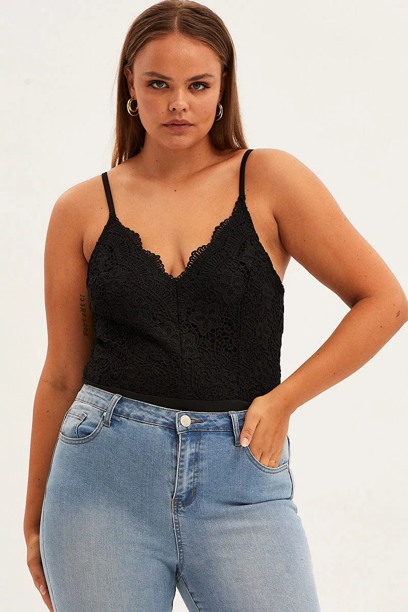 LayeredConstruction Faith Core Black Bodysuit V Scalloped Neck Strappy Lace