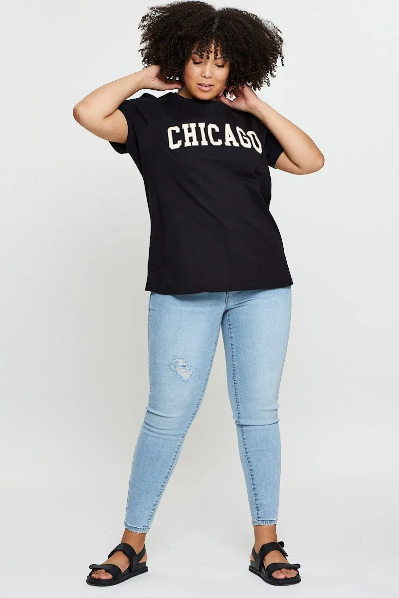 Black Graphic T-shirt Chicago Crew Neck Short Sleeve Summer Wardrobe Printed uniqueness