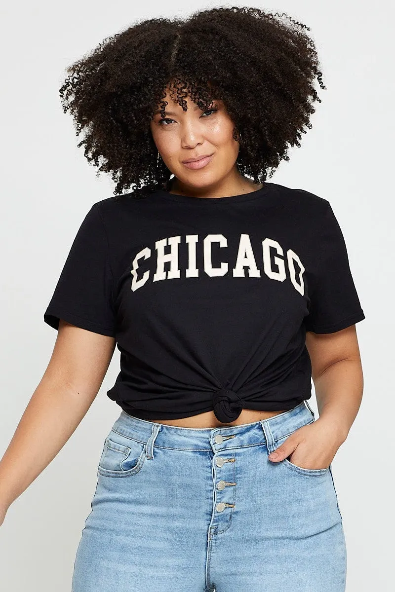 Black Graphic T-shirt Chicago Crew Neck Short Sleeve Casual Fashion Odor Resistant Treatment