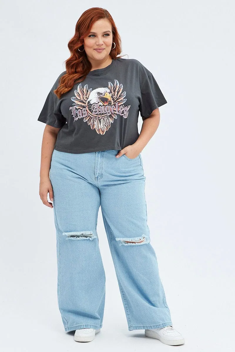 Grey Graphic T-shirt Feather Eagle Crop Cotton Durable Style BreathableMeshLining