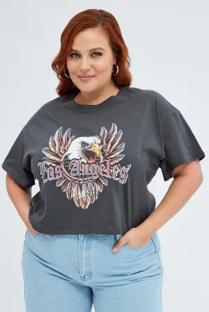 Grey Graphic T-shirt Feather Eagle Crop Cotton Foam Print Detail Summer Fashion