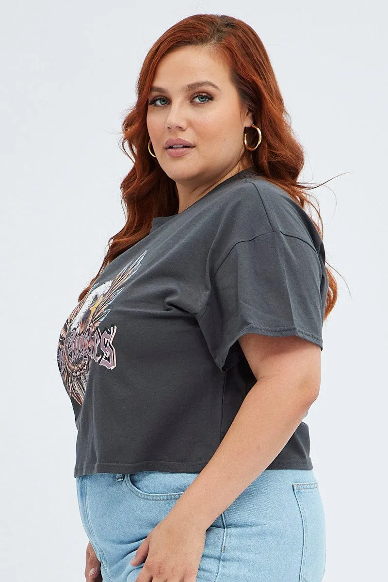 Casual Layer Look Grey Graphic T-shirt Feather Eagle Crop Cotton