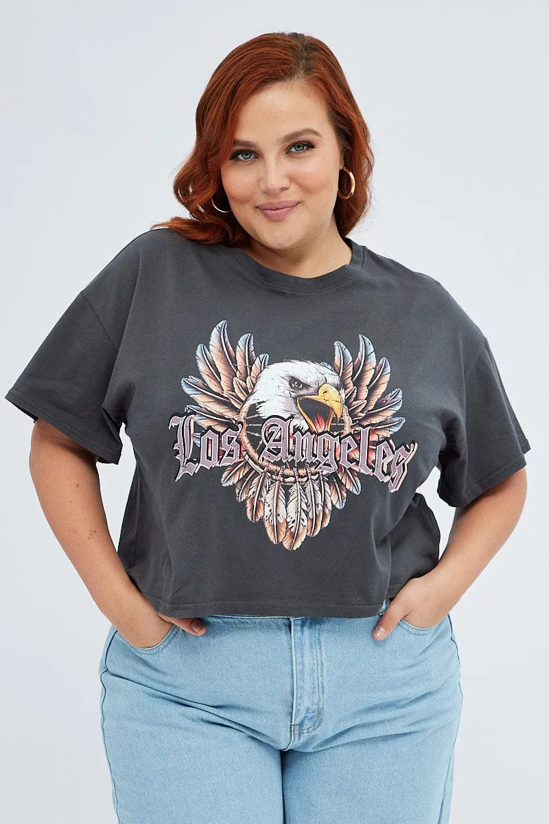 Casual Wearable Grey Graphic T-shirt Feather Eagle Crop Cotton
