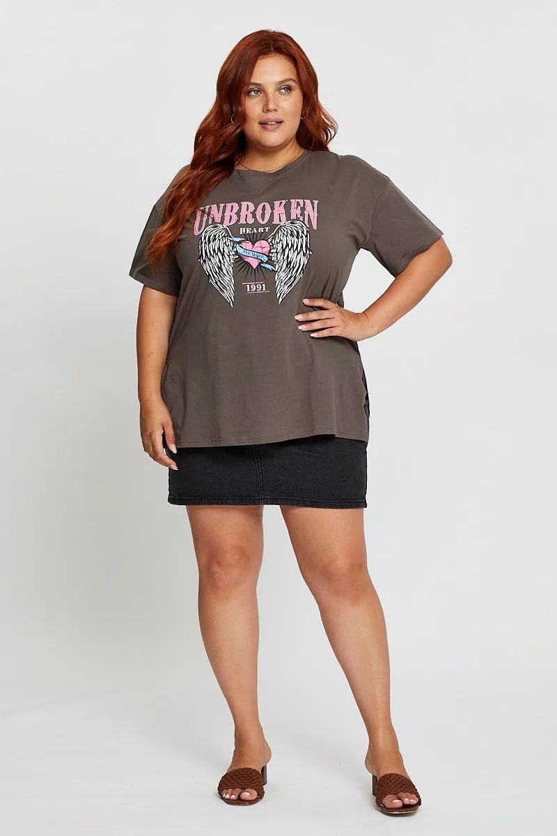 Grey Graphic T-shirt Unbroken Short Sleeve Cotton Trendy Style Flatlock stitching