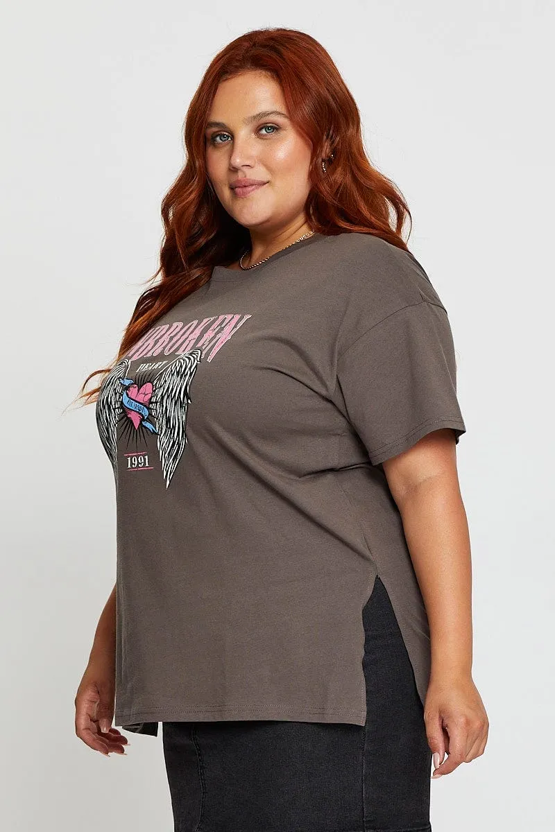 Grey Graphic T-shirt Unbroken Short Sleeve Cotton ReinforcedShoulderPanels Stylish Essential
