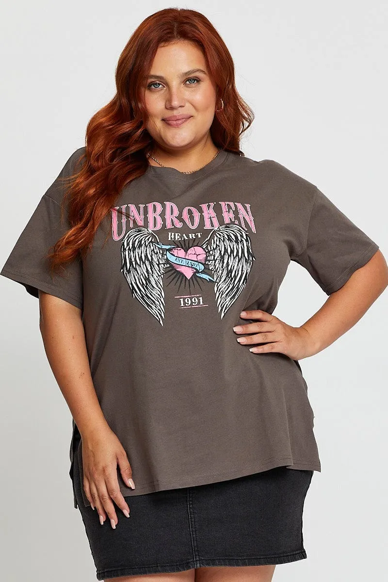 Grey Graphic T-shirt Unbroken Short Sleeve Cotton Comfy Pieces QuickDry Material