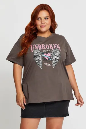 Grey Graphic T-shirt Unbroken Short Sleeve Cotton Weekend Smart Look