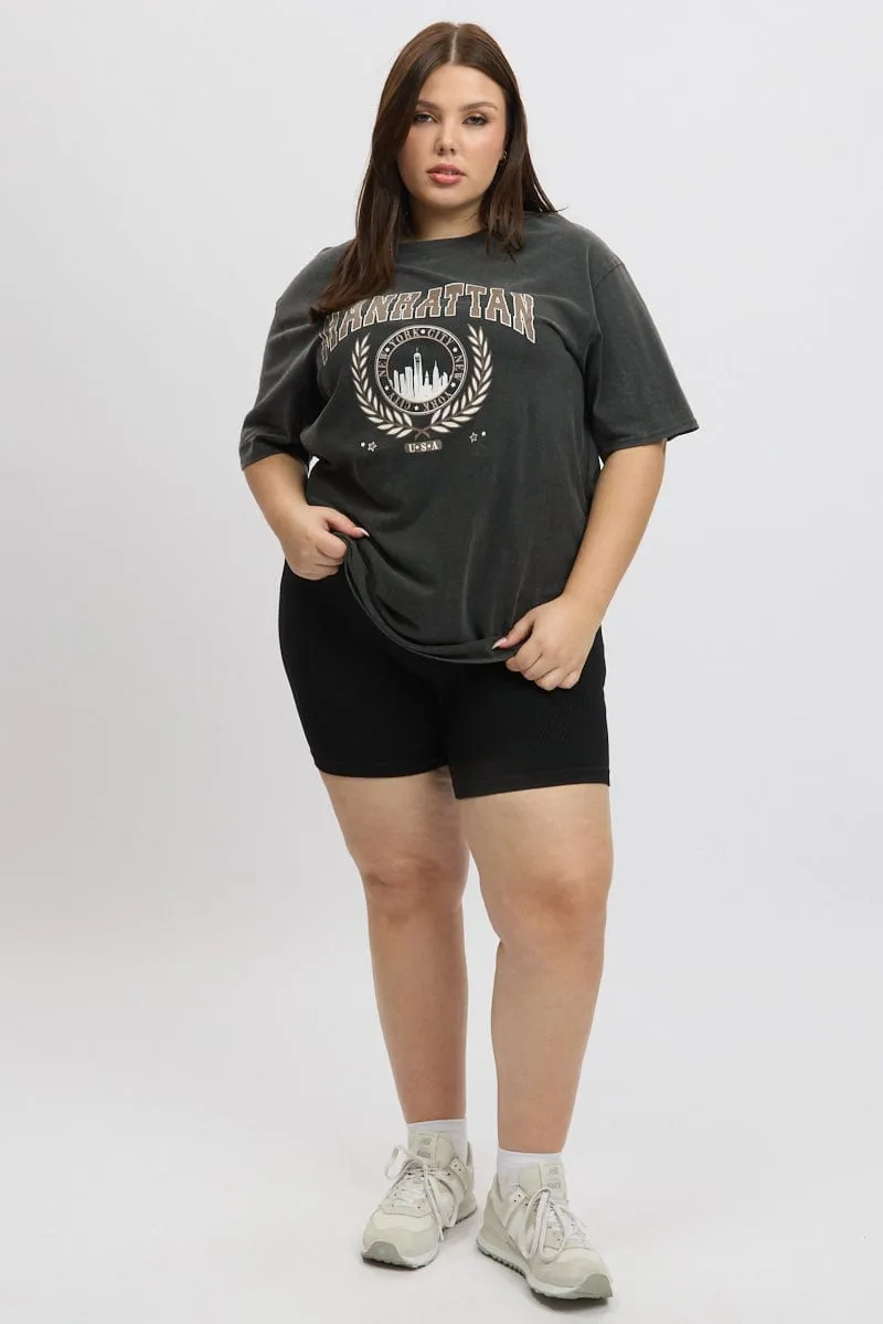 Simple and Comfortable Urban Smart Grey Graphic T-shirt Short Sleeve Crew Neck
