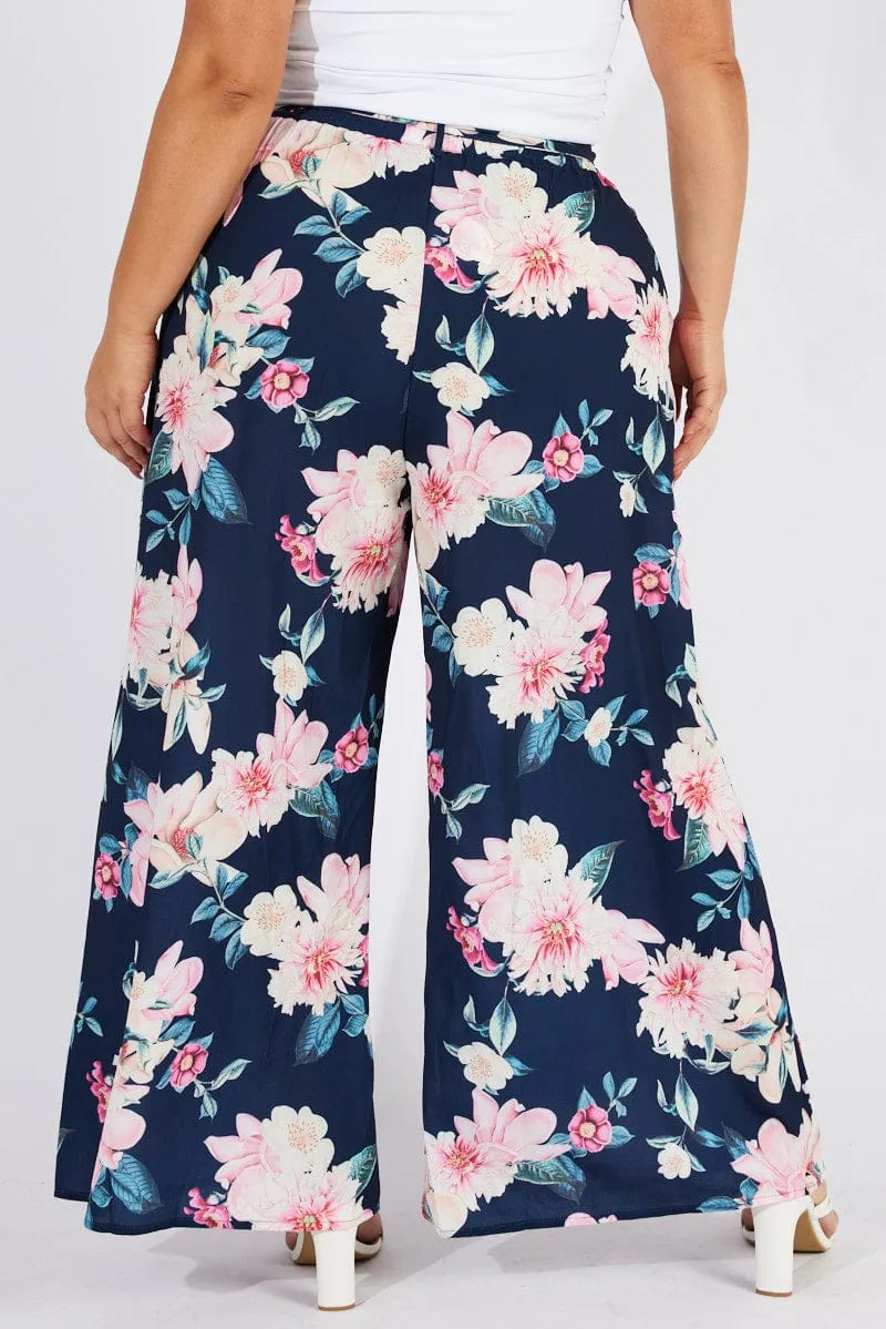Blue Floral Wide Leg Pants Belted Casual Design Cozy And Stylish