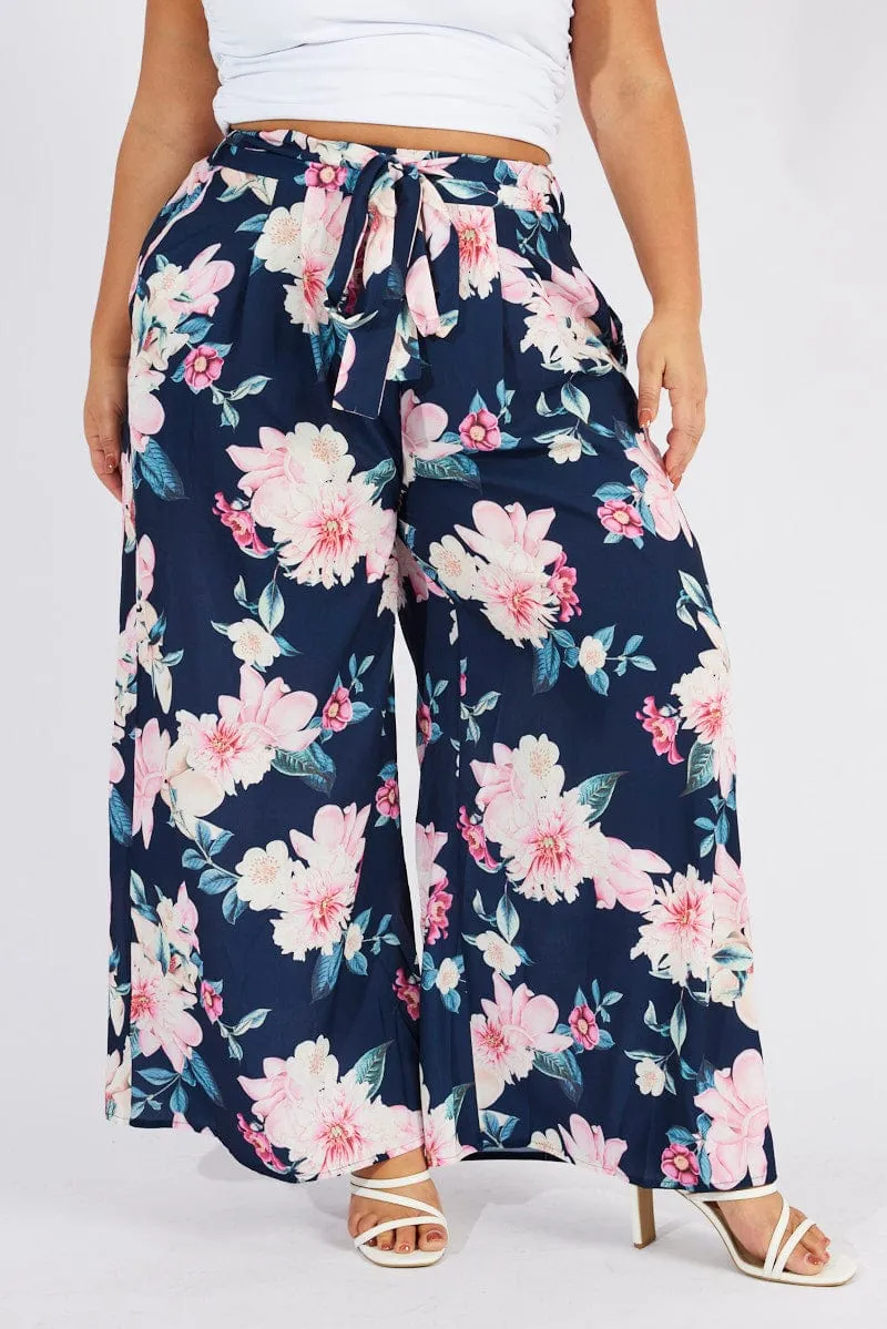 Blue Floral Wide Leg Pants Belted Machine washable NonRestrictiveFit