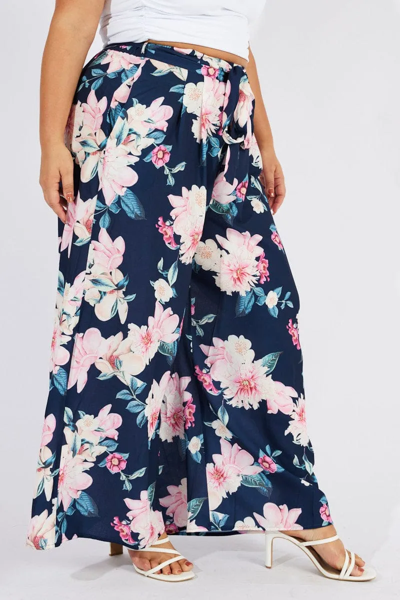 Moisture wicking AbrasionResistantPanels Blue Floral Wide Leg Pants Belted