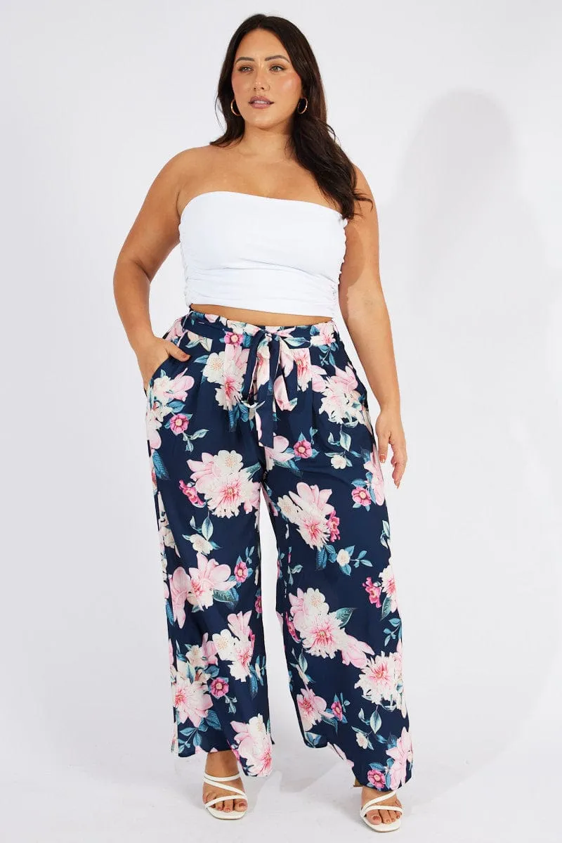 Modern Edge Blue Floral Wide Leg Pants Belted