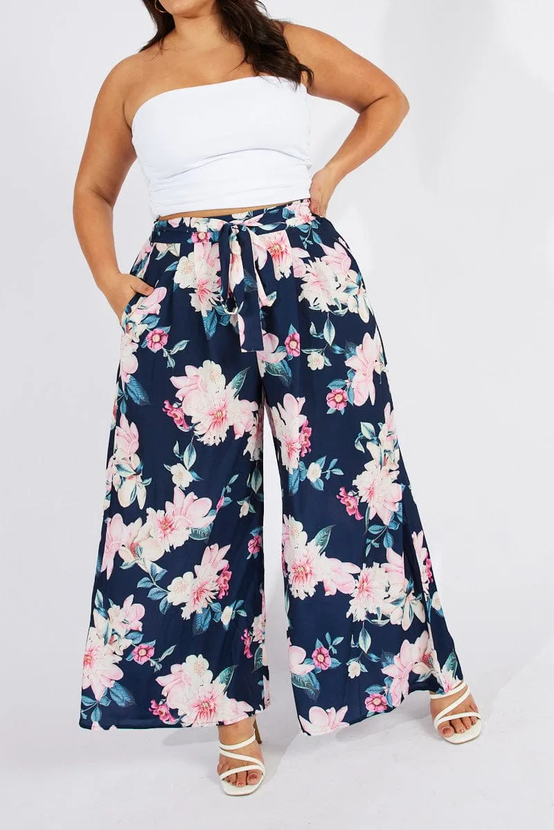 Tear Resistant Design Form Fitting Blue Floral Wide Leg Pants Belted