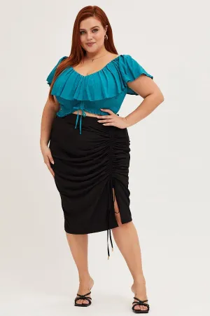 Knee Length Black Jersey Ruched Split Skirt