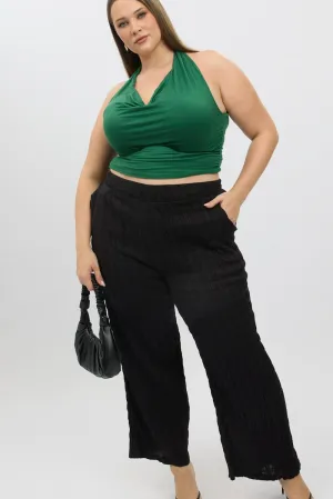 Black Crinkle Texture Wide Leg Pants Noise Reduciting Fabric