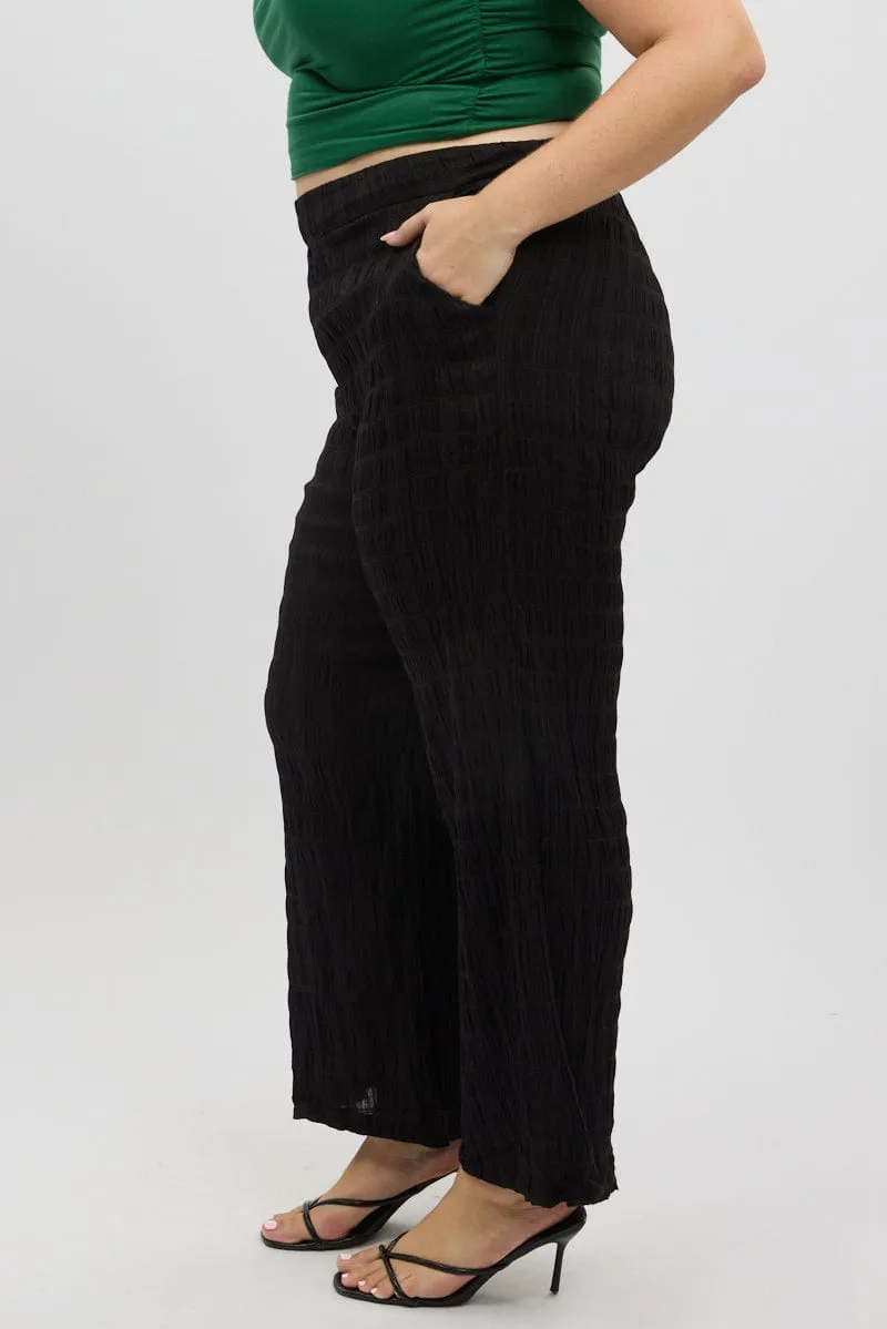 Flexible Use Black Crinkle Texture Wide Leg Pants