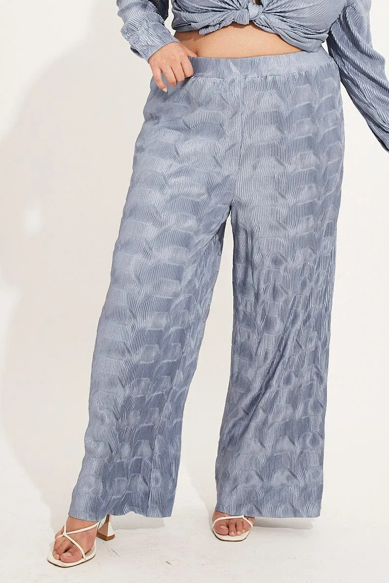 Dusty Blue Plisse Pants Wide Leg High Rise Chilly Comfort