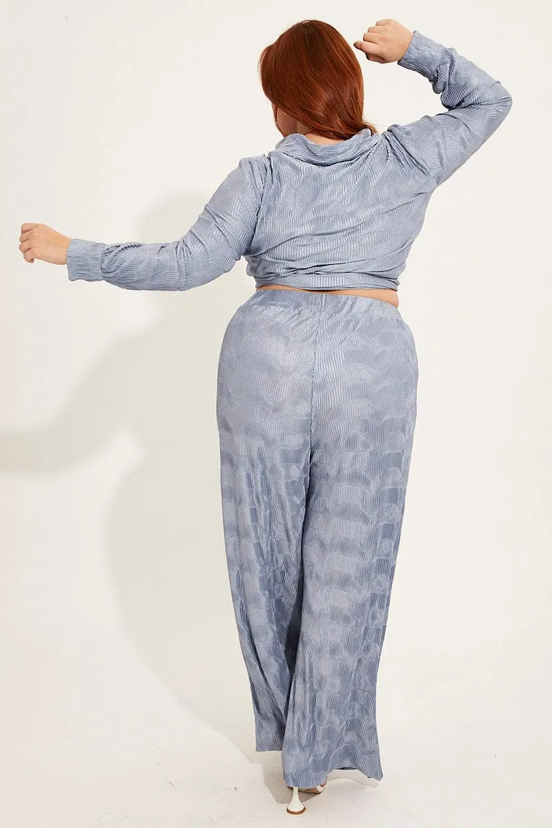 Dusty Blue Plisse Pants Wide Leg High Rise Non Restrictive Fit