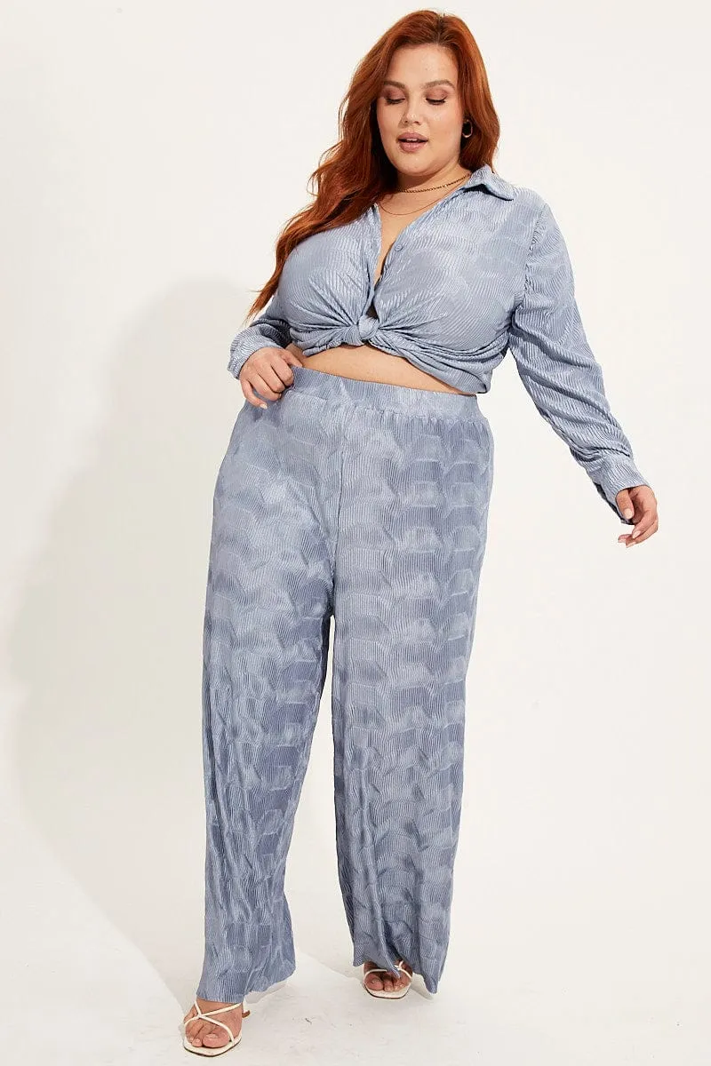 Dusty Blue Plisse Pants Wide Leg High Rise Casual Comfort