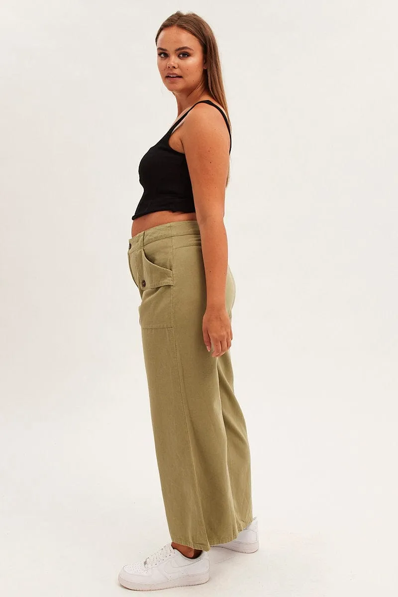 Green Wide Leg Pant Cargo Pocket Cotton Non Irritating Seams Casual Comfort Layers