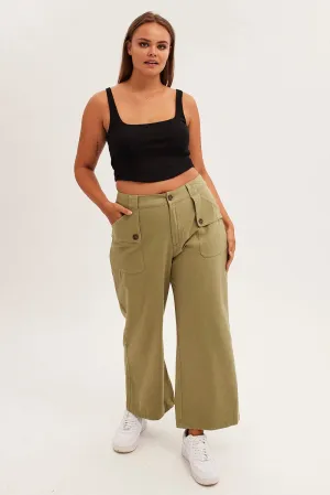 Green Wide Leg Pant Cargo Pocket Cotton LightweightInsulation