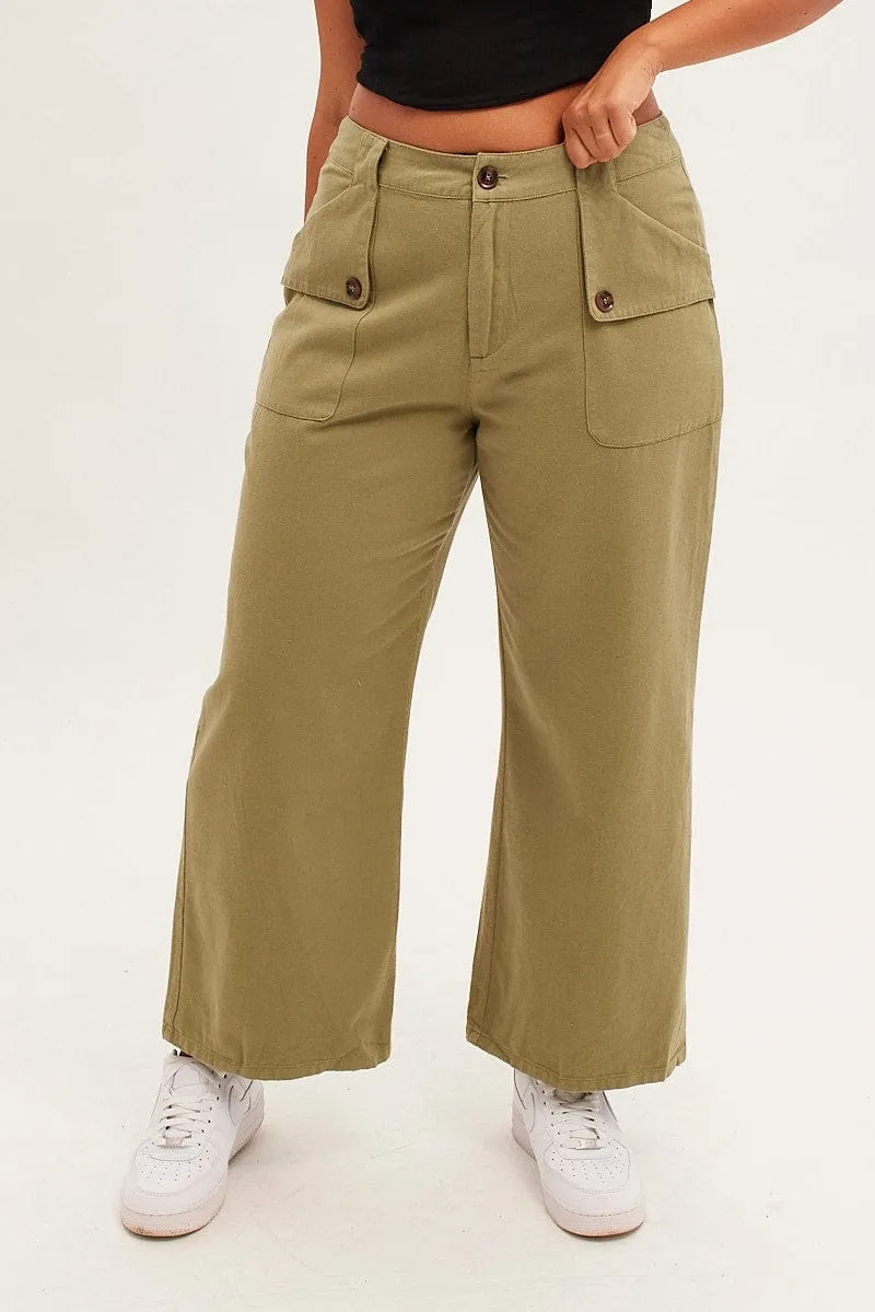 Green Wide Leg Pant Cargo Pocket Cotton Heat Dissipating