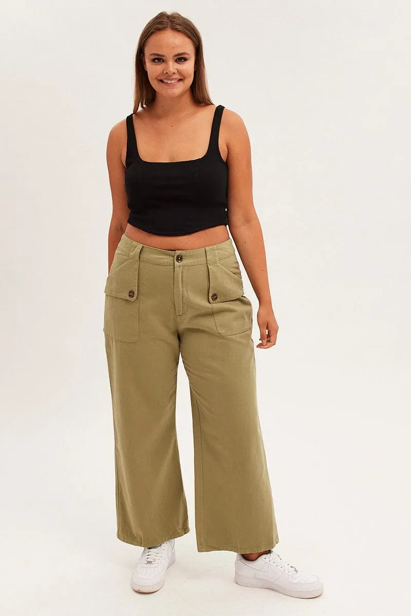 Green Wide Leg Pant Cargo Pocket Cotton City Ready Quick Adjust Fit
