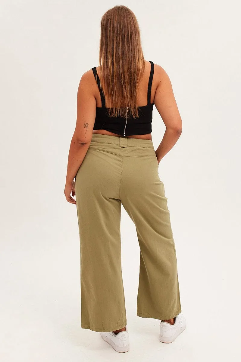 Green Wide Leg Pant Cargo Pocket Cotton Polished Look