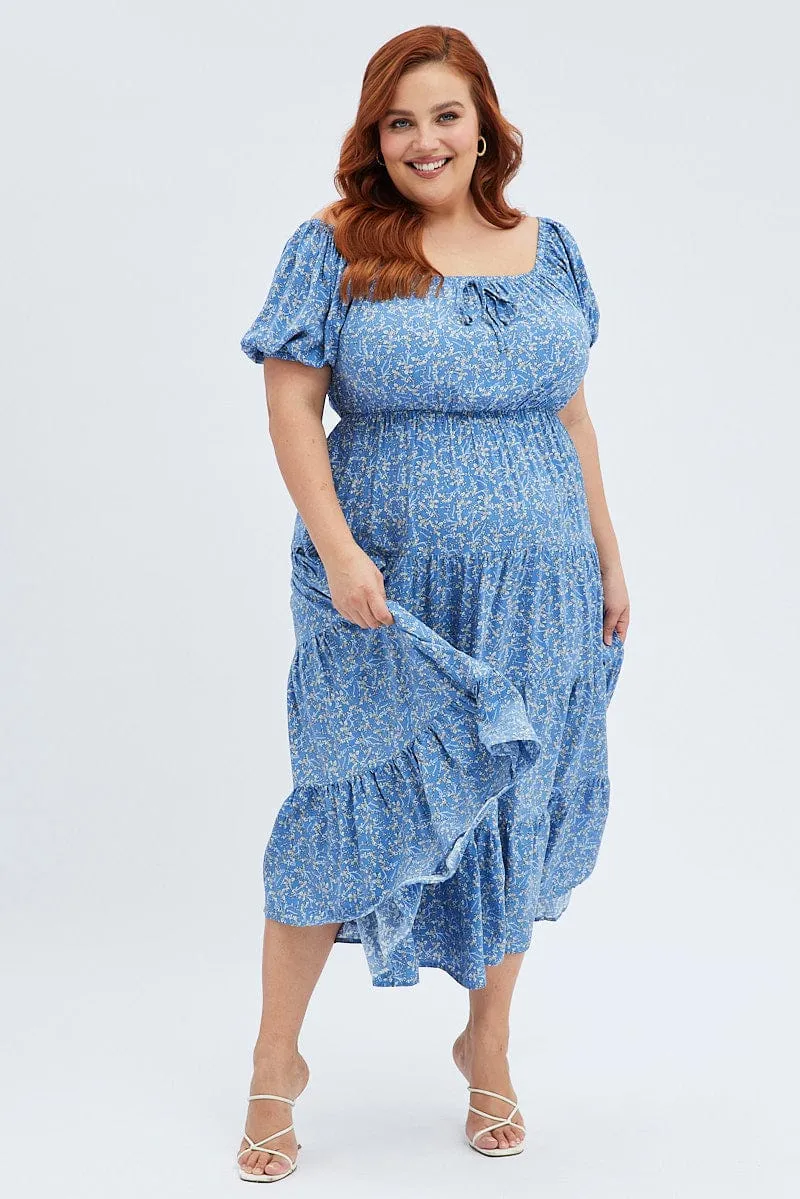 Blue Ditsy Midi Dress Off Shoulder Tie Front Layered Skirt Daily Favorite