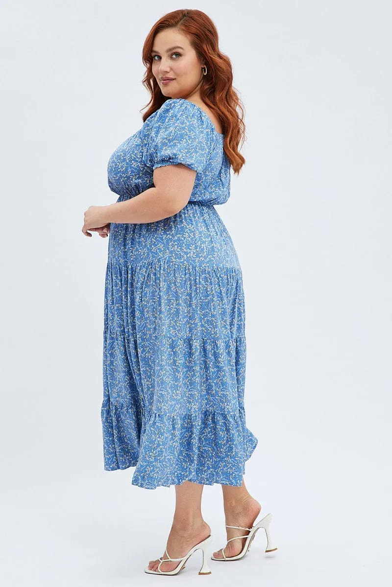 Clean Lines Blue Ditsy Midi Dress Off Shoulder Tie Front Layered Skirt