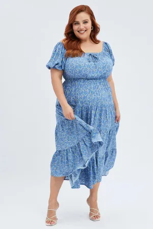 Blue Ditsy Midi Dress Off Shoulder Tie Front Layered Skirt Daily Favorite