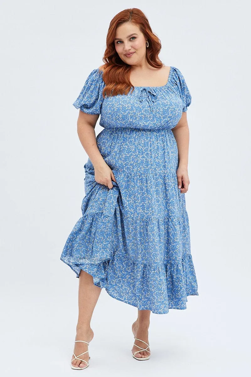 Blue Ditsy Midi Dress Off Shoulder Tie Front Layered Skirt Detail Focus Fall Favorite