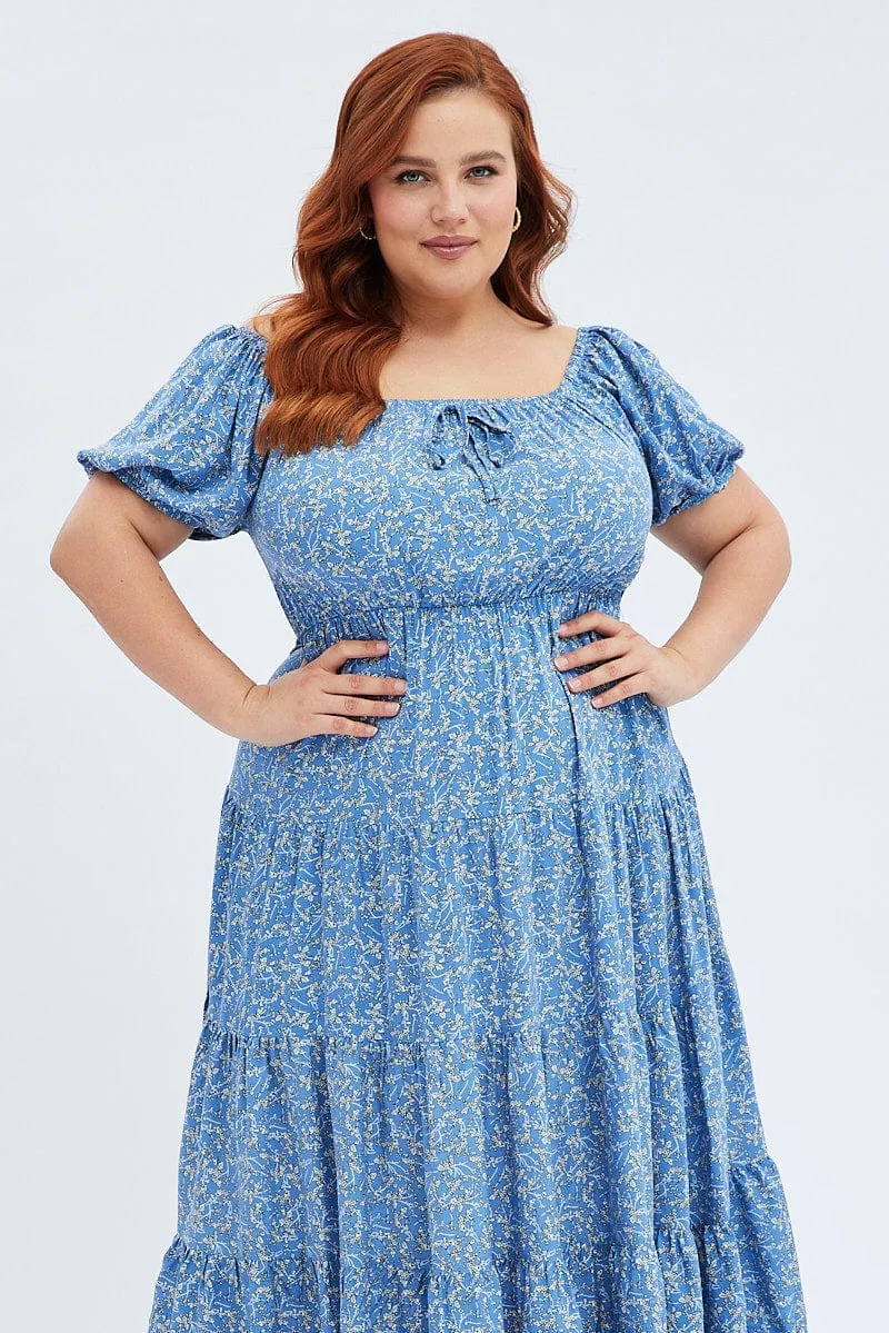 Relaxed Outfit Classic Mood Blue Ditsy Midi Dress Off Shoulder Tie Front Layered Skirt
