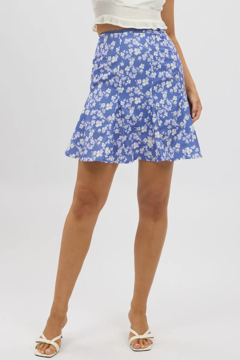 Blue Ditsy Midi Godet Skirt Tiered Layers