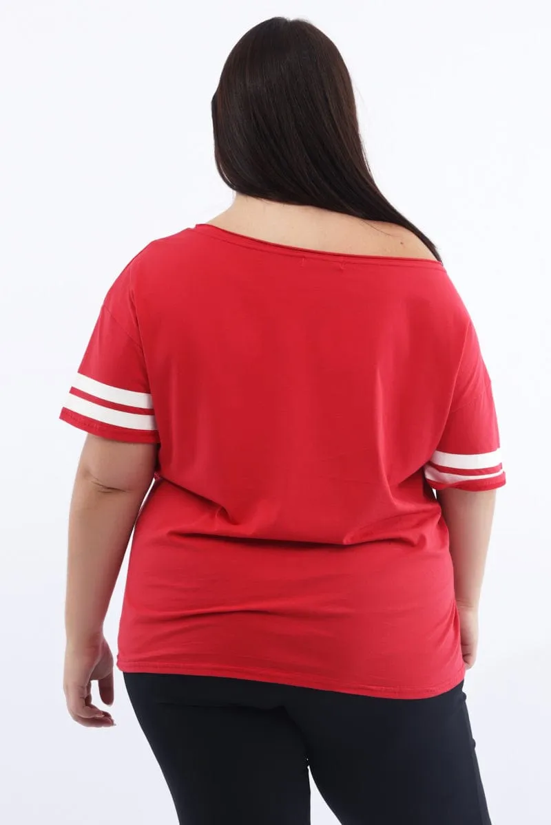 Red Graphic T Shirt One Shoulder Short Sleeve Relaxed Vibe