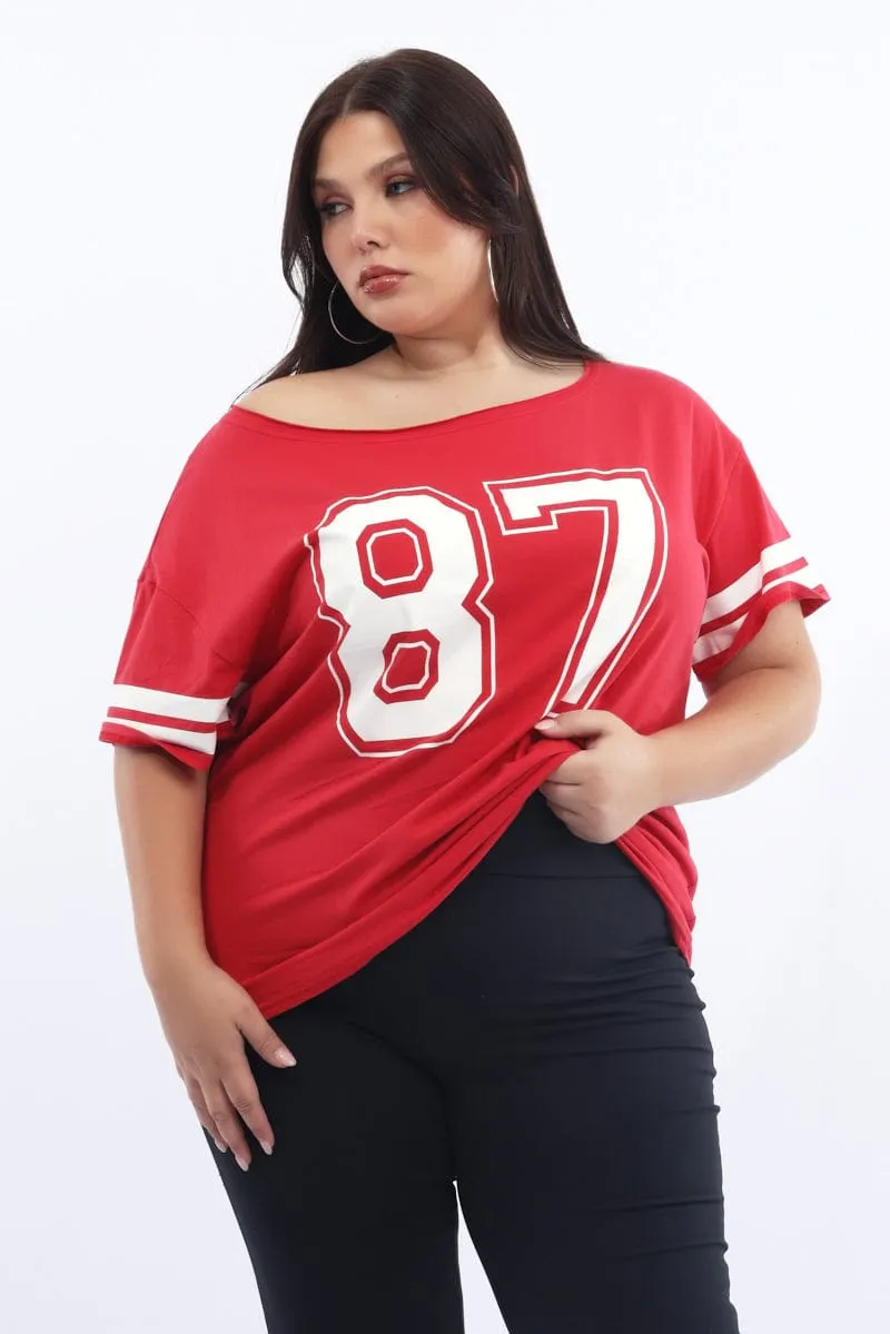Modern Style Evergreen Red Graphic T Shirt One Shoulder Short Sleeve