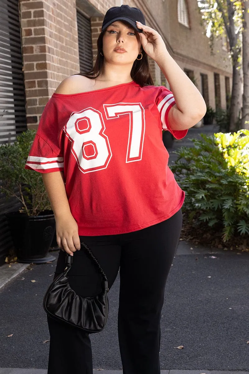 Fashionable Piece Red Graphic T Shirt One Shoulder Short Sleeve