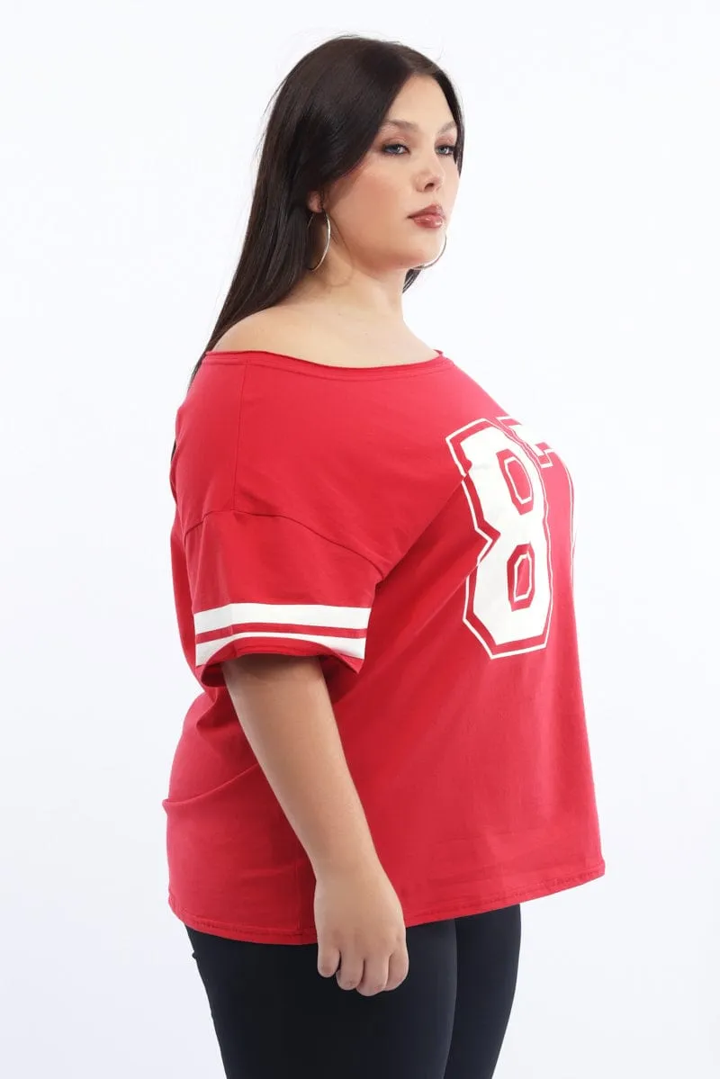 long sleeved Red Graphic T Shirt One Shoulder Short Sleeve