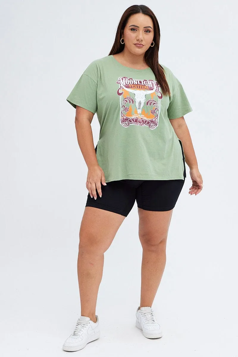 Green Graphic T-shirt Moonlight Festival Print Travel Friendly