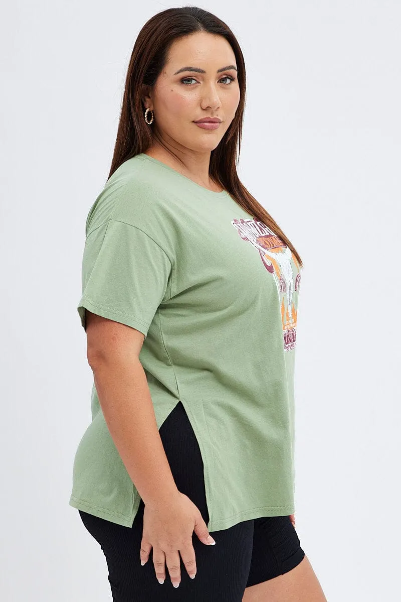 Green Graphic T-shirt Moonlight Festival Print Flattering Shape Easy Look