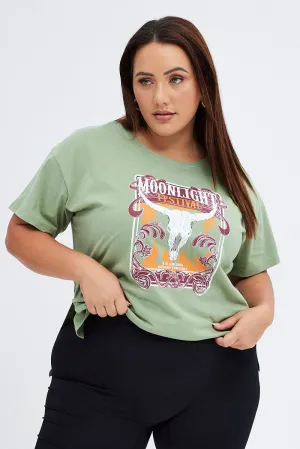 Green Graphic T-shirt Moonlight Festival Print Layered Comfort