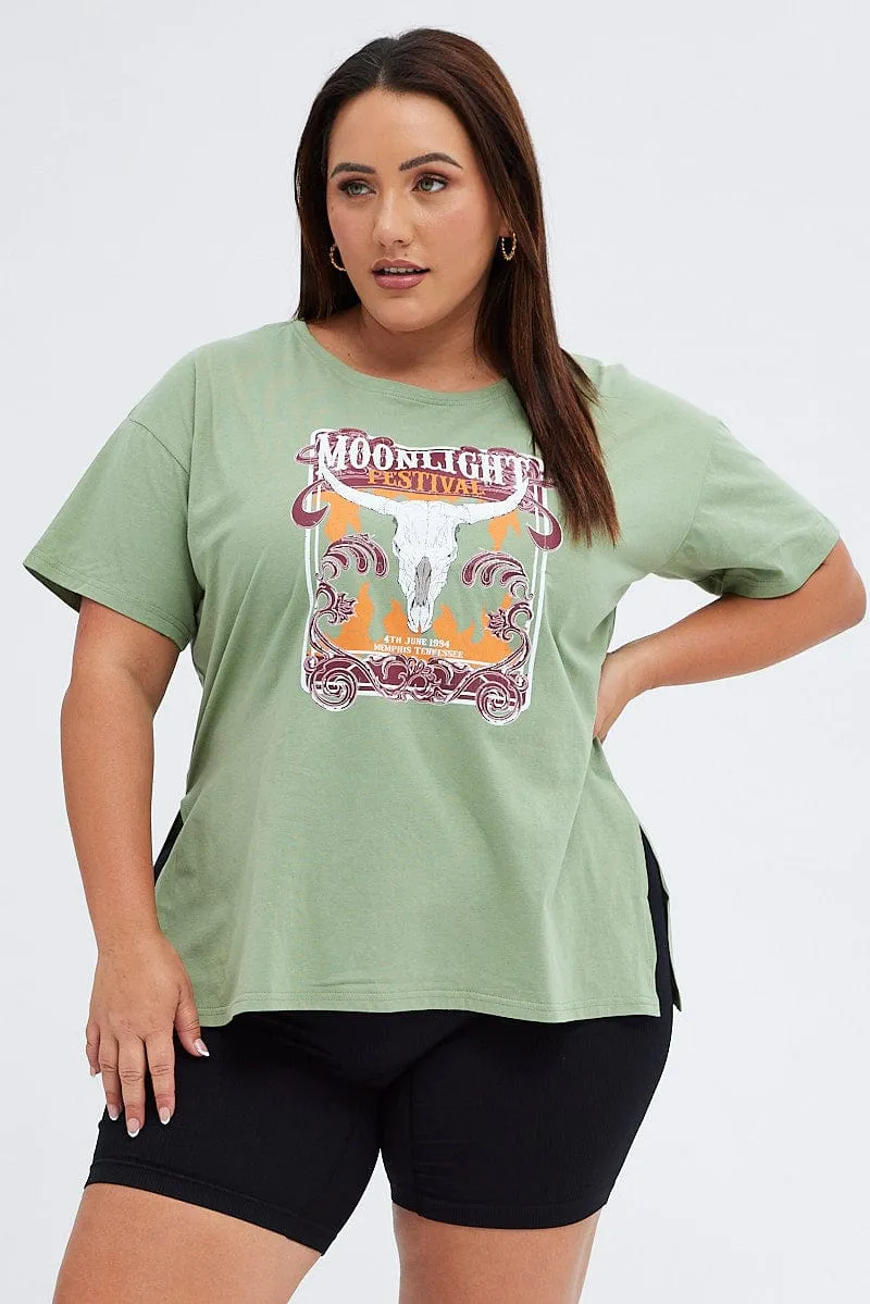 Modern Casual Green Graphic T-shirt Moonlight Festival Print