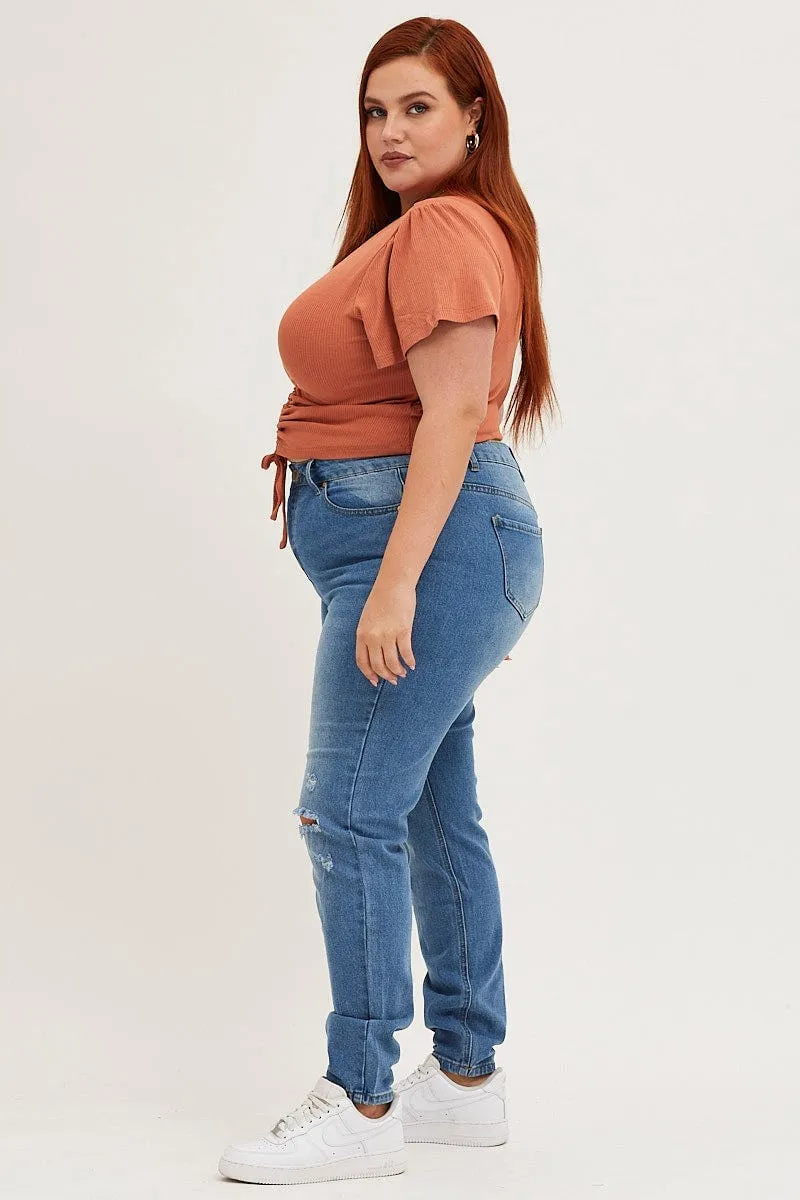 Blue High Rise Rip Denim Jeans Everyday Classic Wear Comfy Water Efficient Wash Process